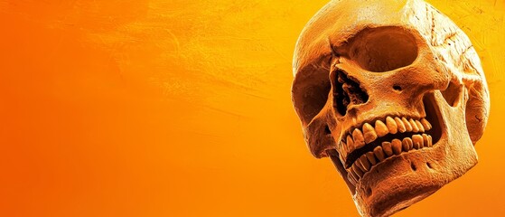 Canvas Print -  A tight shot of a skull statue, its human face visage centered on the head, set against an vibrant orange backdrop