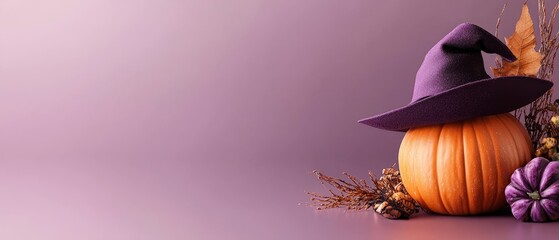 Canvas Print -  A purple witch hat atop a pumpkin, beside dried grass and flowers