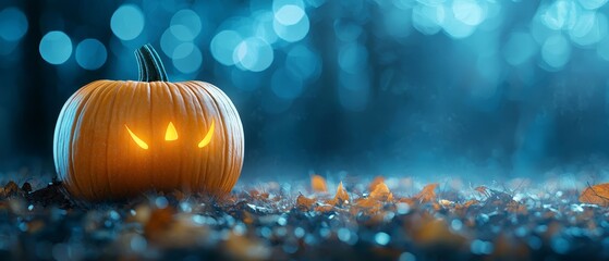 Canvas Print -  A jack-o-lantern sits in the darkness, its orange glow shining in the murky background