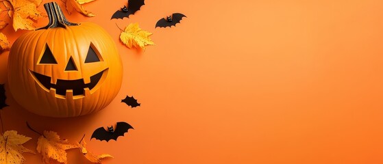 Wall Mural -  A pumpkin atop a mound of leaves, featuring a jack-o-lantern in its heart