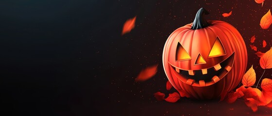 Wall Mural -  A Halloween pumpkin with glowing eyes against a black backdrop Jack-o-lantern in front, surrounded by orange and red leaves