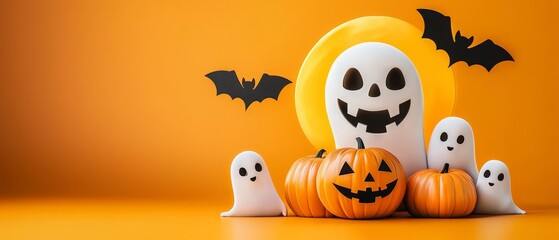 Poster -  A table holds a collection of Halloween pumpkins and two jack-o-lanterns