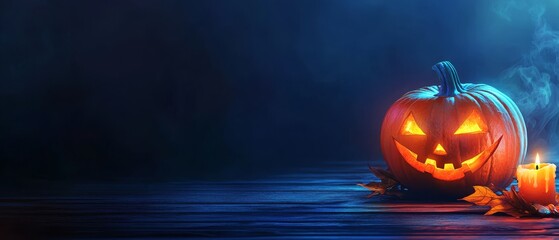 Poster -  A pumpkin, lit, atop a wooden table Nearby, a candle, similarly aglow