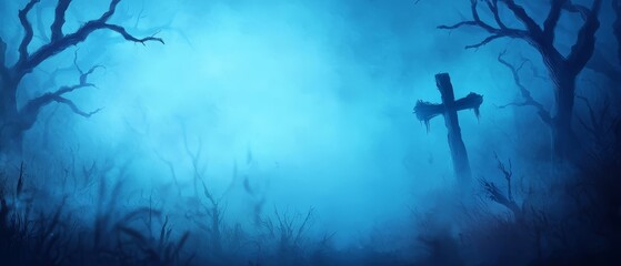 Wall Mural - Trees shrouded in mist, foreground crucifix