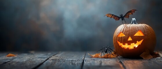 Canvas Print -  A carved pumpkin atop a wooden floor A bat perched beside it