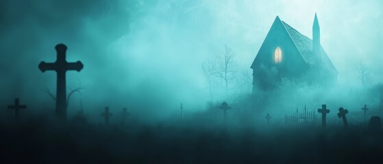 Canvas Print -  A church looms spookily amidst a cemetery, its cross silhouetted against foggy backdrop