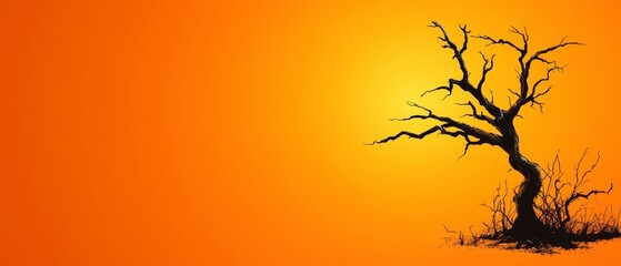 Wall Mural -  A dead tree's silhouette against an vibrant orange sky, sun illuminating its branches