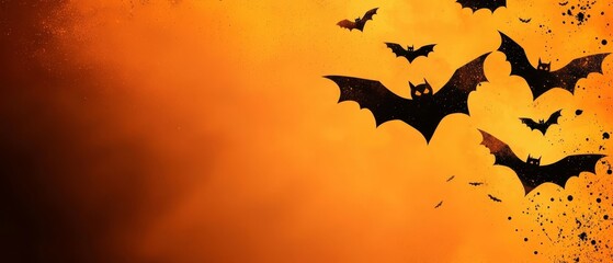 Poster -  A group of bats flies against an orange and black backdrop of clouds, with a yellow foreground sky