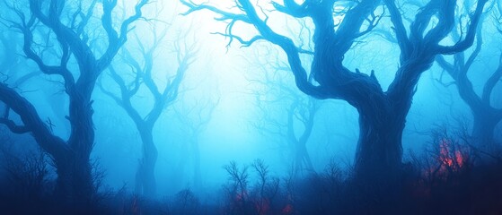 Wall Mural -  A forest teeming with tall trees enshrouded in fog, streaked with red light at dusk