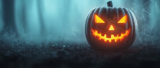 Sticker -  A jack-o-lantern pumpkin emits light in the darkness, revealing its carved, glowing jack-o-lantern face