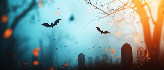 Poster -  A cemetery with bats flying overhead and another in the foreground