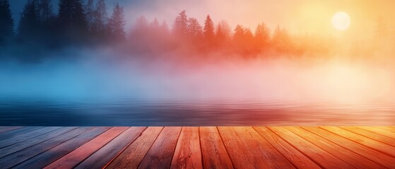 Sticker -  A wooden dock juts out before a fog-shrouded body of water, framed by a dense forest behind