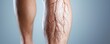 © Wimon - A close-up view of a leg with advanced varicose veins, highlighting the raised, uneven texture of the veins and surrounding skin discoloration.