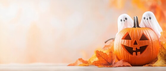 Poster -  Two pumpkins atop a mound of leaves, sporting ghostly visages