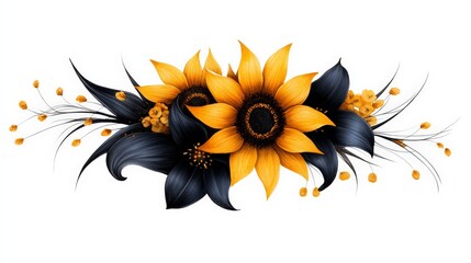 Sunflowers and Calla Lilies: A radiant display of two sunflowers and black calla lilies, their petals intricately detailed, forming a captivating floral arrangement, perfect for weddings, invitations.