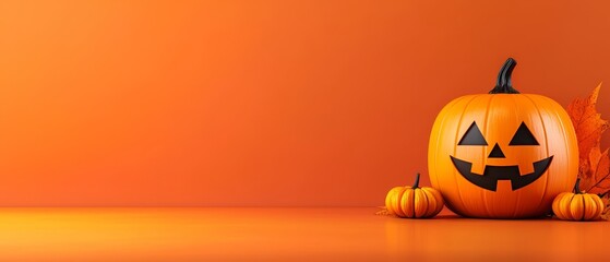 Poster -  A pumpkin showcasing a jack-o-lantern's visage sits against a vibrant orange backdrop, surrounded by leaves