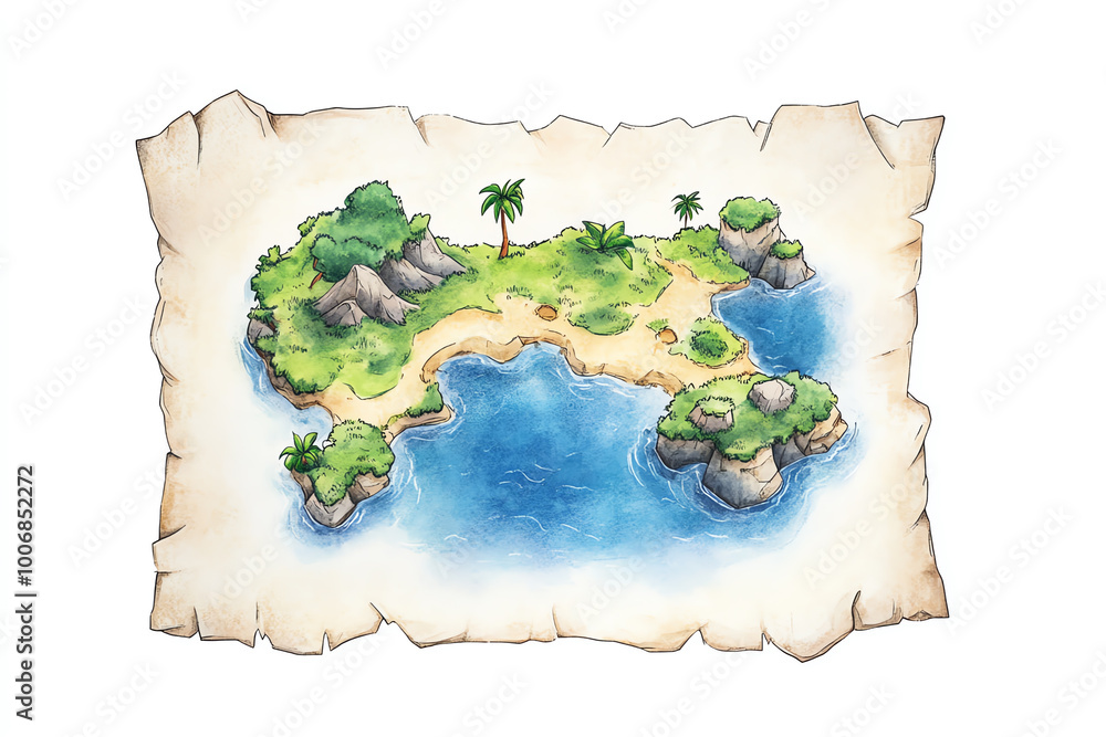 Cartoon-style treasure map island with palm trees and coastline on old ...