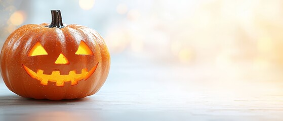 Canvas Print -  A carved pumpkin sits atop a table, nearby is a blurry image of a jack-o-lantern's face