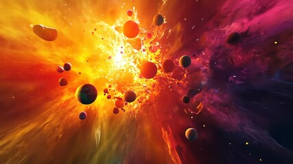 Wall Mural - a fiery explosion in space with planets and debris scattered across the scene