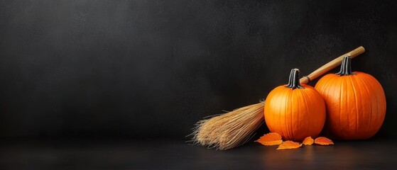 Poster -  A pair of orange pumpkins atop a black backdrop, a broom positioned between them