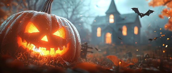 Wall Mural -  A Halloween pumpkin sits before a spooky house A bat hovers nearby in the eerie night sky