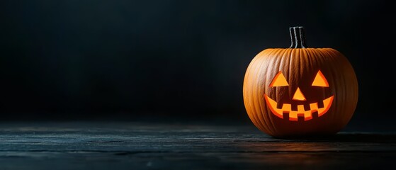 Sticker -  A carved pumpkin displaying a jack-o-lantern's visage sits on the table