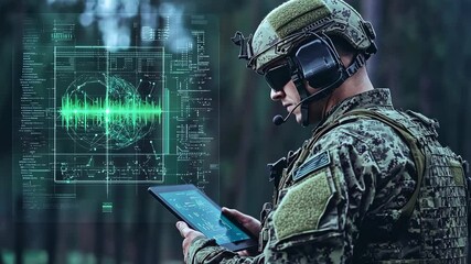 A soldier in camouflage uniform uses a digital tablet in the field, with a digital map displayed behind him