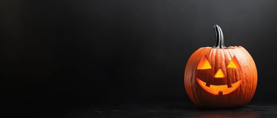 Wall Mural -  A carved pumpkin, labeled jack-o'-lantern, against a black backdrop with light illuminating its top