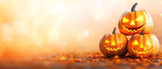 Wall Mural -  A collection of carved pumpkins, resembling jack-o-lanterns, sits atop a mound of dry leaves Behind them, a blurred backdrop