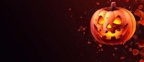 Sticker -  A Halloween pumpkin with glowing eyes on a black background Oranges drops of water surround it, and a glowing jack-o-lantern sits at its center