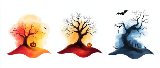 Poster -  Three trees with spooky pumpkins and bats painted in watercolor against a pristine white background