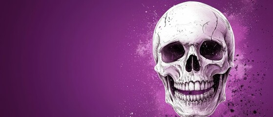 Canvas Print -  A skull, partially visible below, sits against a purple backdrop The lower portion is covered in paint splatters, extending from the bottom of the skull