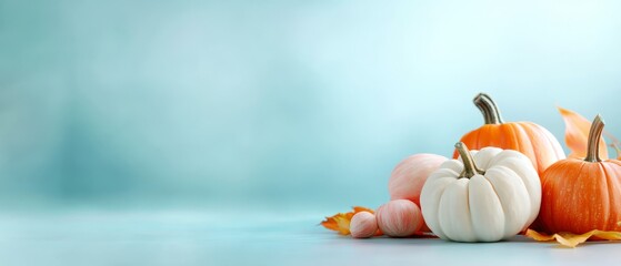 Wall Mural -  A collection of white and orange pumpkins atop an array of orange and white tulips