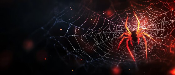 Canvas Print -  A tight shot of a spider's web with a red light at its center