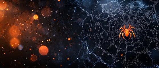 Canvas Print -  A tight shot of a spider's web against a dark backdrop, illuminated by a soft glow emanating from within