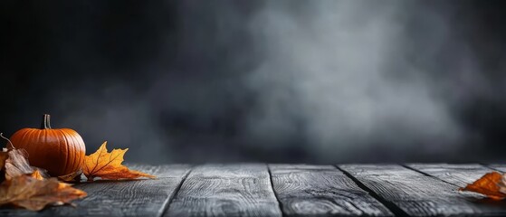 Poster -  A wooden table is set with an array of orange leaves and features a small pumpkin at its center Smoke wafts in the background