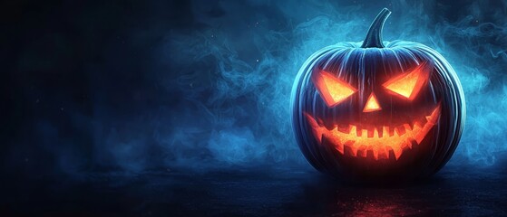 Wall Mural -  A Halloween pumpkin with glowing eyes and a frightening visage, positioned against a dark backdrop