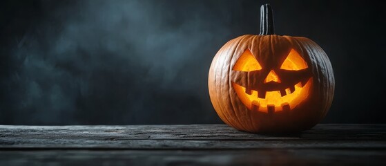 Wall Mural -  A jack-o-lantern, carved from pumpkin, sits atop a weathered wooden table Smoke wafts from its hollowed-out top