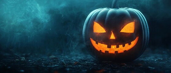 Sticker -  A jack-o-lantern pumpkin emits light in the darkness, its mouth releasing smoke, and eyes glowing