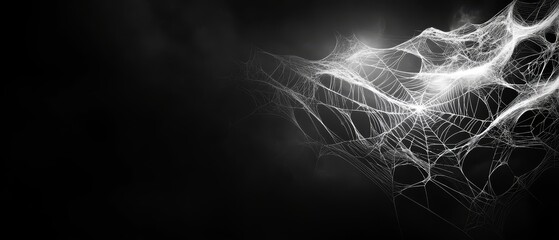 a black-and-white spider web image against a dark backdrop with a central lightning effect