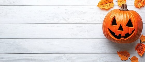 Wall Mural -  A carved pumpkin atop a white wooden table, nearby lies a leafy branch with a jack-o-lantern's countenance