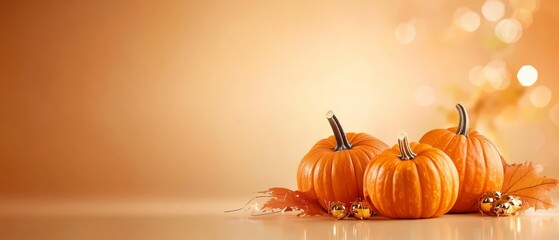 Poster -  A collection of pumpkins aligned on a table Autumn leaves scatter the floor beneath A bouquet of lights illuminates the background