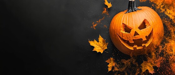 Wall Mural -  A carved pumpkin atop a table, near a heap of leaves, and a fire extinguisher nearby