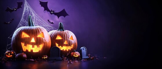 Wall Mural -  A collection of jack-o-lanterns before a haunting Halloween tree Overhead, bats flit about