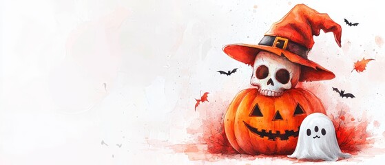 Sticker - Jack-o'-lantern with ghost and pumpkin on white background