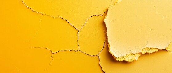 Poster -  A yellow wall with peeling paint, revealing Crack in its center, chipping edgewise