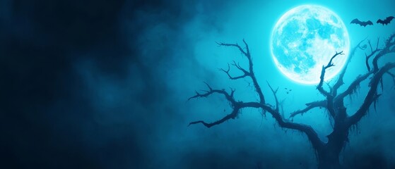 Sticker -  A ghoulish tree, adorned with bats, stands before a fully illuminated full moon against an ominous backdrop of a dark, cloud-specked sky