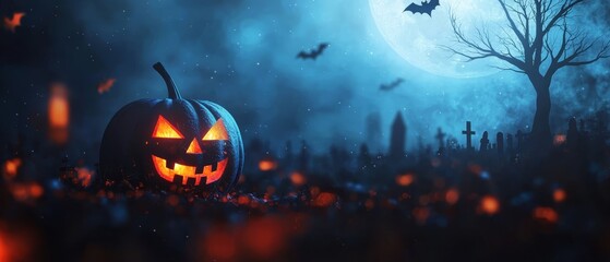 Poster -  A Halloween pumpkin in a field's center, surrounded by bats and a full moon looming behind