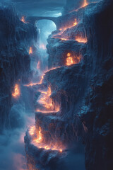 Poster - A deep underground mine shaft with glowing lights, floating on a pastel surface,