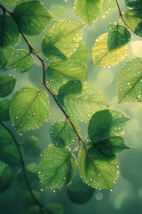 Poster - A close-up of dew on leaves in a morning garden, floating on a soft pastel canvas,